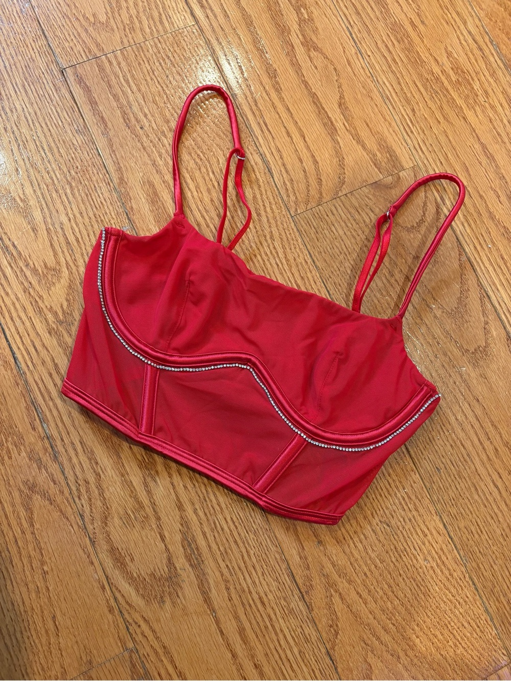 Auden Red Sheer Mesh Corset Bustier Top Rhinestone Trim XS Y2K Valentine Siren